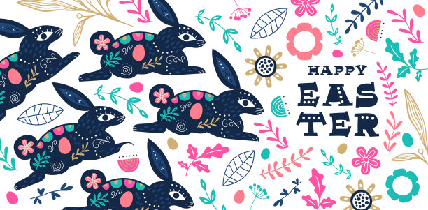 民间兔子复活节快乐春花卡图片下载