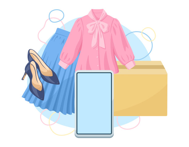 时尚手机服务。女人的衣服。网上购物的说明。空白的LCD屏幕。图片下载