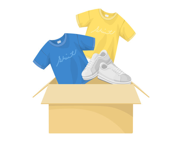 t恤和运动鞋装在纸箱里。包装说明，拆包装的包装衣物。搬运、仓储、配送。图片下载