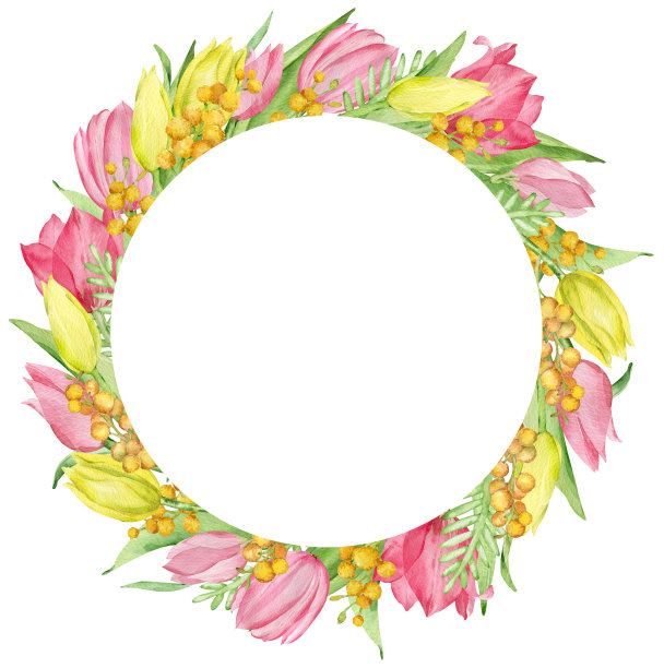用黄色和粉红色的郁金香和含羞草树枝做成的水彩花环。花的春天框架。母亲节卡片图片下载