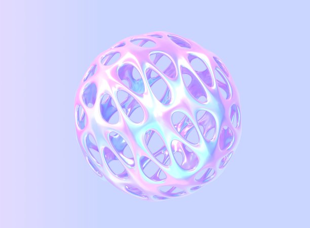 摘要全息空心球或球体，圆形金属形状与渐变珠光纹理，彩色流体物体，空的未来主义雕塑与孔孤立在紫色背景上，3d渲染图片下载