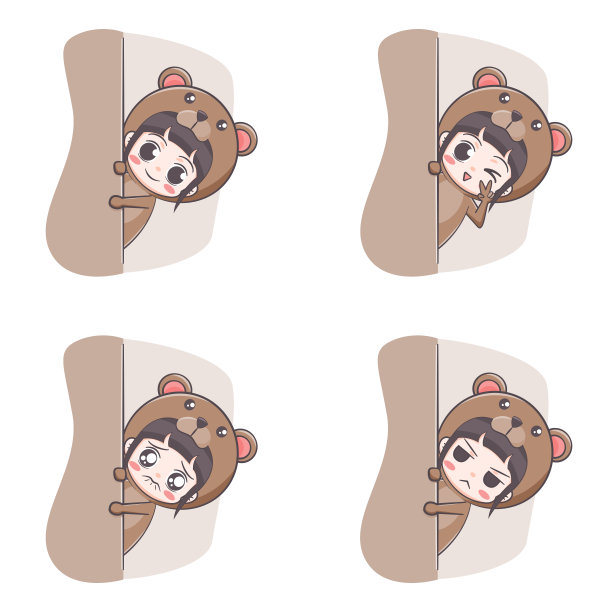 可爱的熊装女孩藏卡通插图图片下载