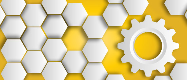 白色六边形结构齿轮头部在黄色背景图片下载