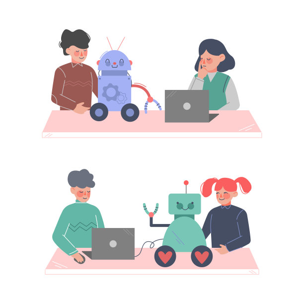 儿童工程师制作和编程机器人设置卡通矢量插图图片下载