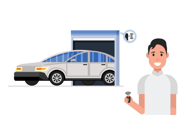 车库门系统。快乐的人拿着遥控器图片下载