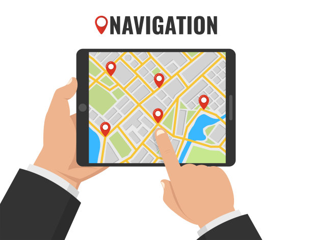 手握平板与地图导航。寻找方法概念。平面向量插图。图片下载