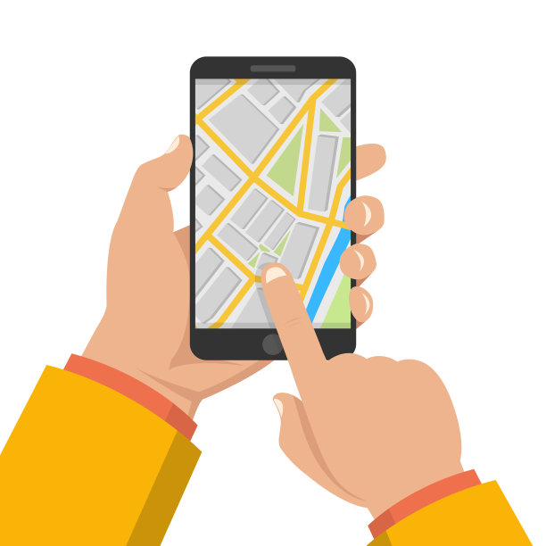 手持智能手机，屏幕上有城市地图gps导航。寻找方法概念。平面向量插图。图片下载