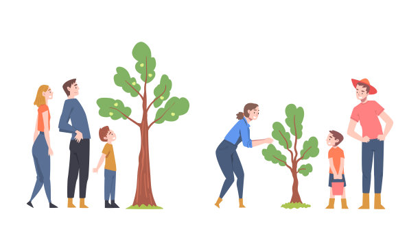 家庭照料城市公园或花园的树木卡通矢量插图图片下载