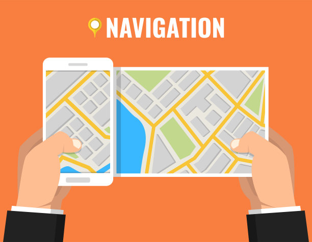 手持智能手机，屏幕上有城市地图gps导航。寻找方法概念。平面向量插图。图片下载
