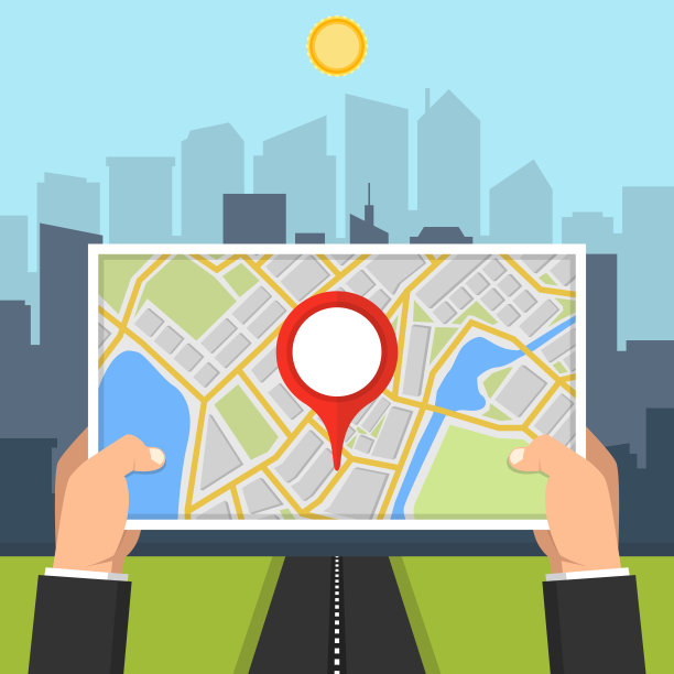 手握地图导航。寻找方法概念。背景是城市。平面向量插图。图片下载