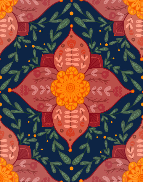 矢量无缝花卉图案与民间装饰。在蓝色的背景上与乡村平坦的花朵组成的瓷砖纹理。图片下载