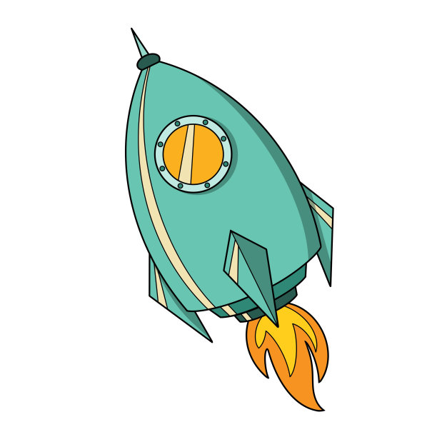一枚绿色的太空火箭正在太空中飞行。卡通风格的彩色插图图片下载