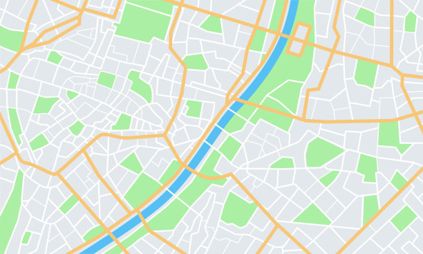 城市地图。有公园和河流的城镇街道。市区gps导航规划，抽象交通城市。向量。图片下载