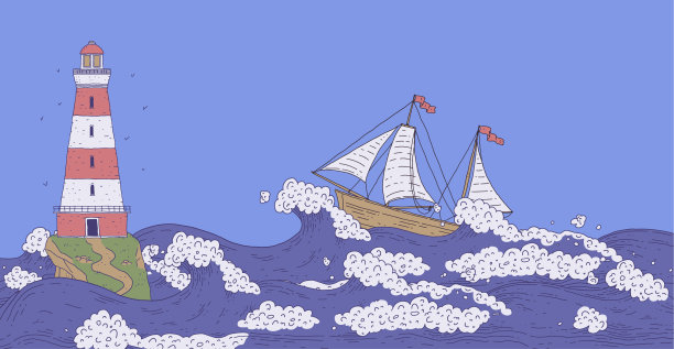 暴风雨的海浪中，岩石上的船、帆船和灯塔。景观与信号塔探照灯与红色条纹和水横幅设计。矢量线涂鸦插图。图片下载