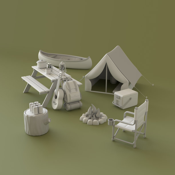 等距露营对象和场景，单色白色露营设备在绿色背景，3d渲染图片下载