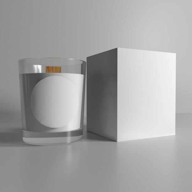 3 d渲染。一只空的白色蜡烛在一个玻璃罐里，一个圆形的白色绘图贴纸和一个盒子。贴纸模型、包装图片下载
