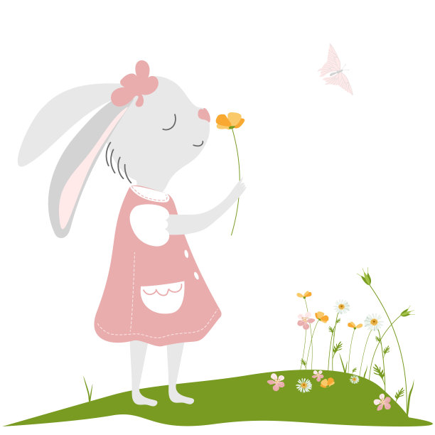 可爱的小兔子，穿着粉红色的裙子，在花的草地上图片下载