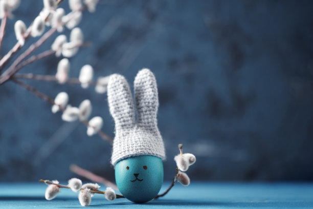 桌子上有一个蓝色的复活节彩蛋，戴着一顶编织的帽子，上面有兔子耳朵，还有一根柳枝。复印空间假期卡图片下载