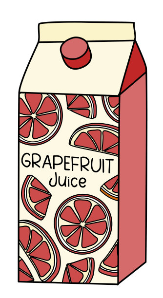 涂鸦卡通风格的红葡萄柚包装盒。清爽健康天然饮品，鸡尾酒配料。用于卡片，贴纸，海报，酒吧菜单或食谱书。图片下载