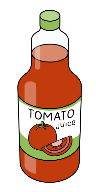 涂鸦卡通风格的红色番茄汁在一个瓶子。清爽健康天然饮品，鸡尾酒配料。用于卡片，贴纸，海报，酒吧菜单或食谱书。图片下载