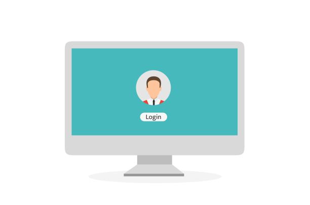 在笔记本电脑上登录帐号。手放在笔记本电脑上。带密码通知的笔记本电脑。向量图片下载