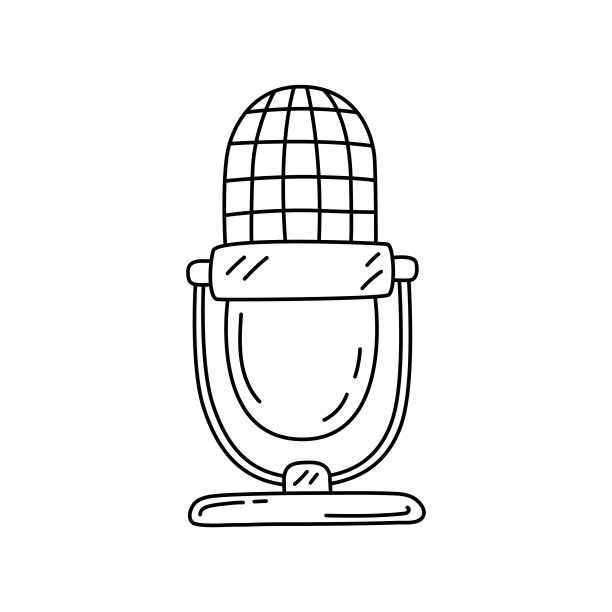 麦克风线素描。播客或音乐项目。可编辑的轮廓。手绘黑白矢量图标图片下载