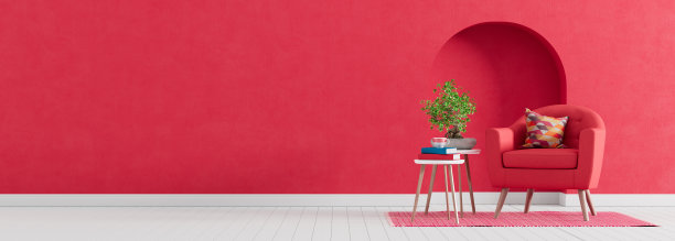 红色混凝土墙配现代家具，简约的室内设计，3d渲染图片下载