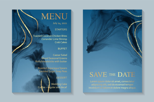 水彩背景与抽象的蓝色墨波和金色线条。图片下载