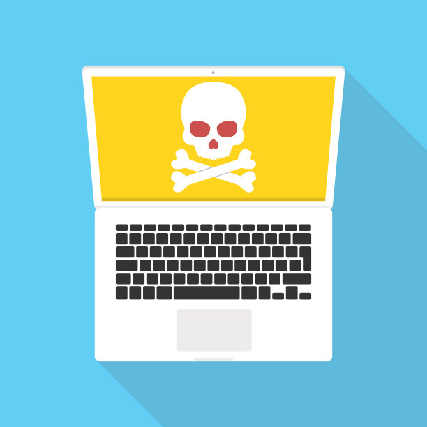 屏幕上有头骨的笔记本电脑。病毒、盗版、黑客和安全的概念。矢量插图。图片下载