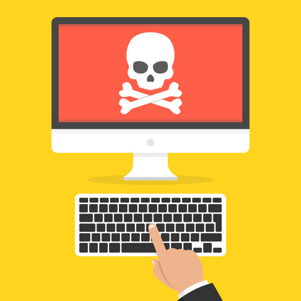 屏幕上有头骨的电脑。病毒、盗版、黑客和安全的概念。矢量插图。图片下载