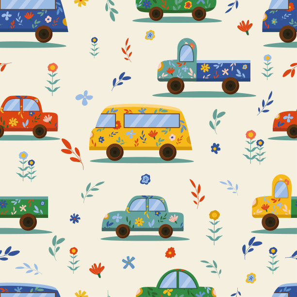 无缝的图案与彩色汽车和花卉元素在柔和的背景。手绘矢量插图。背景壁纸，纺织品，织物，包装图片下载