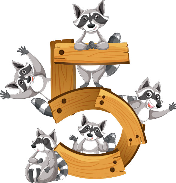 五只浣熊附在五号上图片下载