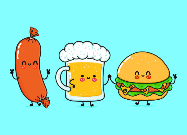 可爱，有趣的快乐啤酒，香肠和汉堡。矢量手绘卡通可爱的人物，插图图标。搞笑的卡通杯子里的啤酒、香肠和汉堡的吉祥物朋友概念图片下载