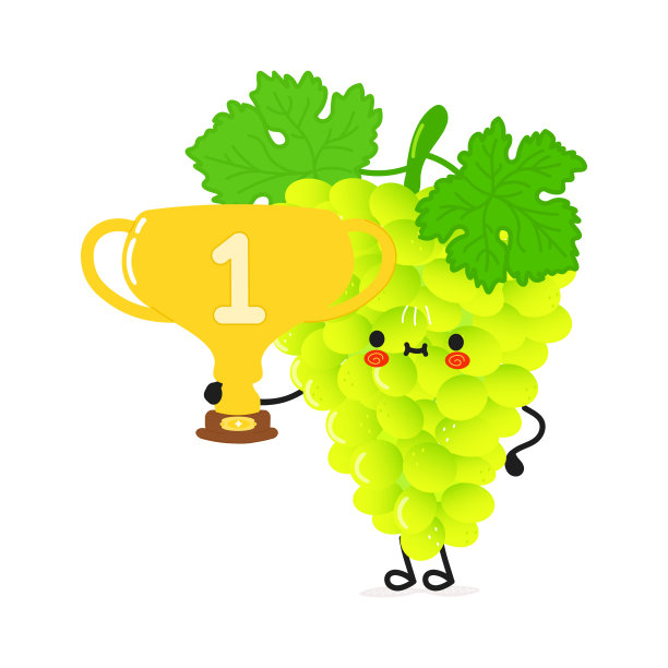 可爱有趣的葡萄捧金杯。矢量手绘卡通可爱的人物插图图标。孤立的白色背景。葡萄与冠军奖杯图片下载
