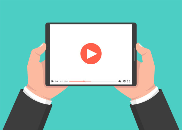 手持平板和触摸屏。屏幕上有视频播放器。矢量插图。图片下载