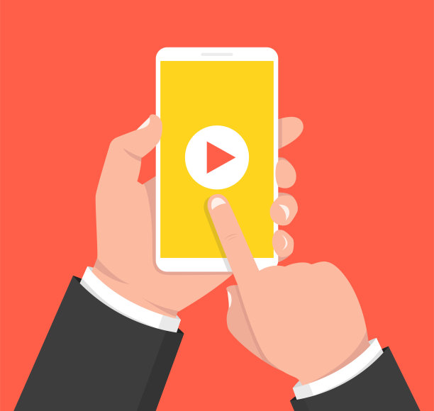 手持智能手机和触摸屏。屏幕上有视频播放器。矢量插图。图片下载