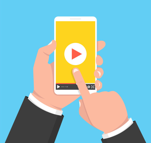 手持智能手机和触摸屏。屏幕上有视频播放器。矢量插图。图片下载