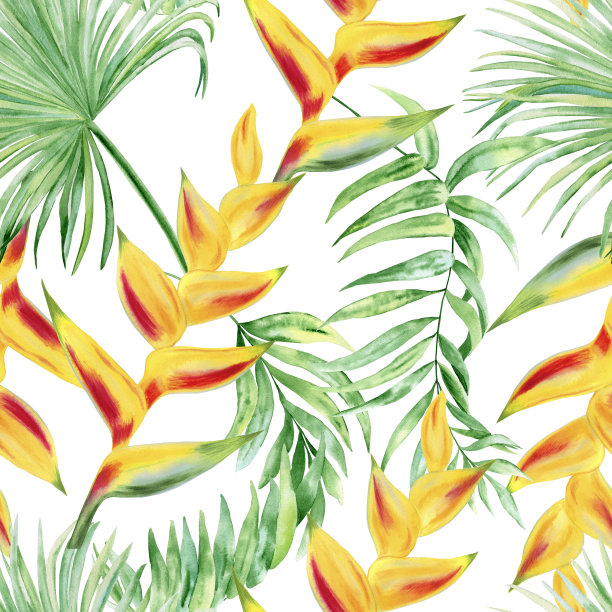热带无缝模式。黄色的螺旋藻花和绿色的棕榈枝。手绘水彩异国情调的背景。夏威夷风格。丛林树叶和植被无尽的背景。明亮的设计。图片下载