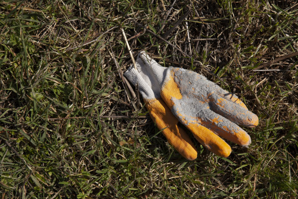 磨损的工作手套穿过草地图片下载