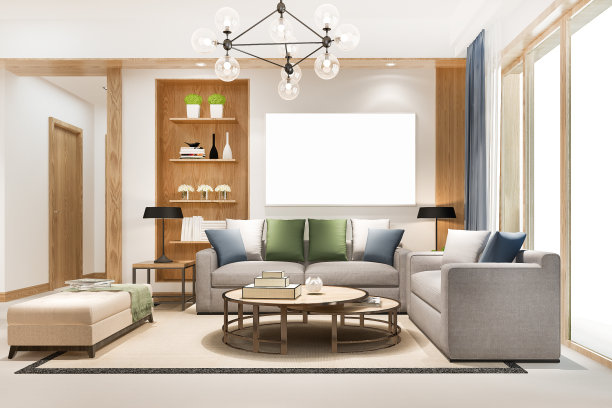 3d渲染阁楼斯堪的纳维亚式客厅，工作台和书架图片下载