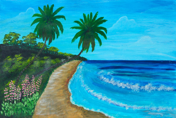 热带海岸线帆布油画图片下载