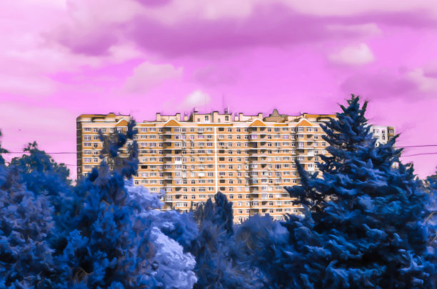 色调自然的花卉背景设计与美丽的树木，建筑和天空的艺术写实插图图片下载