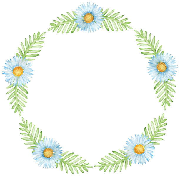 水彩简单的春天花环与甘菊和绿叶。圆的框架。幼稚的模板。图片下载
