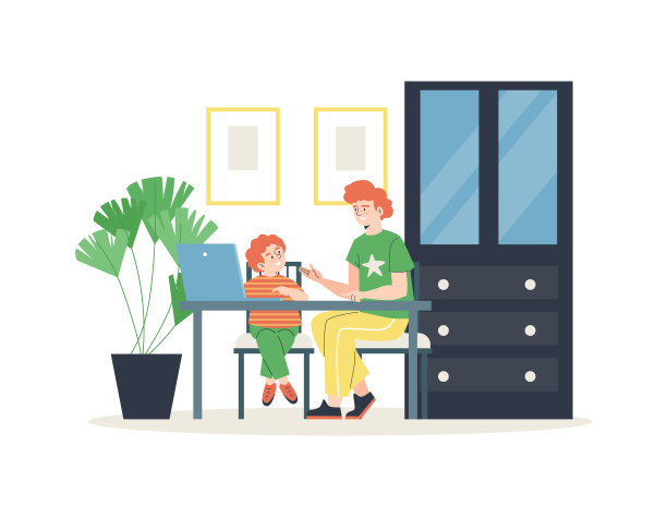 父亲在家教孩子或帮孩子做作业，平矢量孤立。图片下载