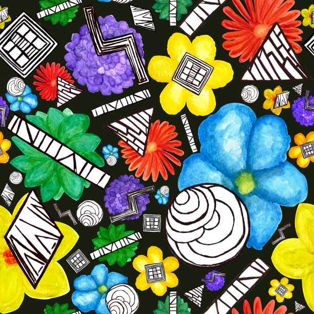 彩虹图案与水彩花，洋甘菊，莲花，绣球花，大丽花在黑色的背景与几何形状，正方形，圆形为您的设计图片下载