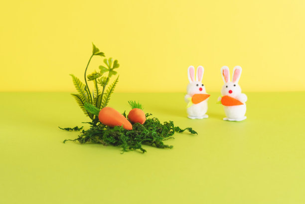 复活节由装饰兔子、胡萝卜和天然材料组成图片下载