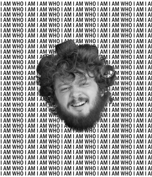 创意设计。头顶卷发的快乐男人对着镜头微笑，黑白背景上写着字图片下载