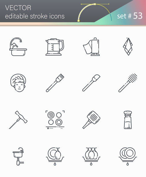 厨房用具、烹饪工具和设备矢量可编辑描边线条图标集图片下载