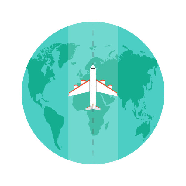 在地球上空飞行的飞机。环游世界的旅游理念。平的卡通风格。矢量插图。图片下载