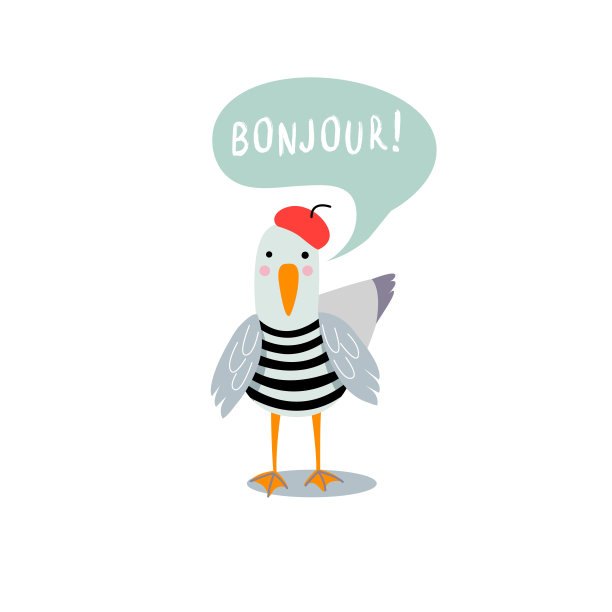 一只戴着红色贝雷帽和背心的可爱海鸥。用法语写着“你好”。图片下载